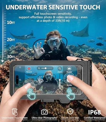 Diving Phone Case for iPhone 17 16 15 14 13 Pro Max Galaxy S25 S24 S23 Ultra, 50ft/15m Professional Waterproof Underwater Case with Real Touchscreen, Universal Camera Housing for Snorkeling (Black) - color: Black