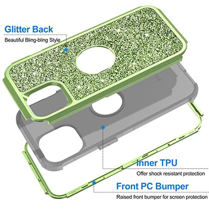Hython Case for iPhone 13 Case Glitter, Cute Sparkly Shiny Bling Sparkle Cover, Heavy Duty 3 in 1 Hybrid Hard PC Soft TPU Bumper Full Body Shockproof Protective Phone Cases for Women Girls, Green - color: Green