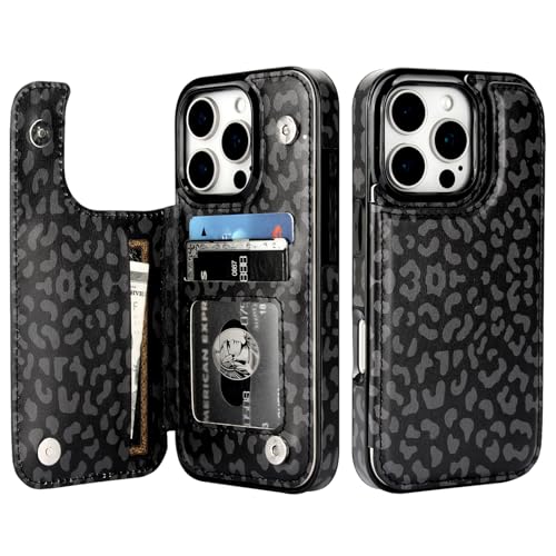 HAOPINSH for iPhone 16 Pro Wallet Case with Card Holder, Black Leopard Cheetah Pattern Back Flip Folio PU Leather Kickstand Card Slots Case for Women Girls, Double Magnetic Clasp Shockproof 6.3" - color: Black Leopard