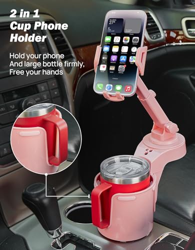 JOYTUTUS Cup Holder Phone Mount for Car, Car Cellphone Large Adapter Long Arm with 360 Degree Rotation, Compatible with iPhone, Samsung & All Smartphones,Pink,1 Pack - color: pink