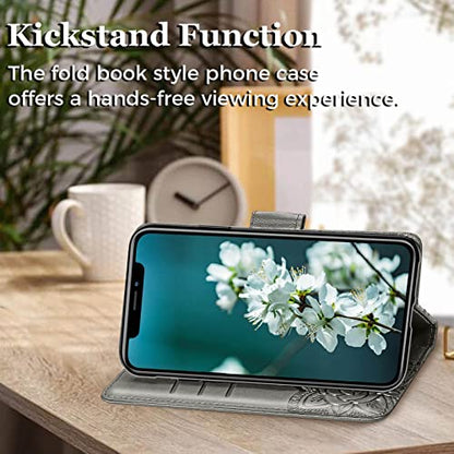 for iPhone 12 Pro/iPhone 12 Wallet Case,Women Flip Folio Cover with Butterfly Embossed PU Leather Kickstand Credit Card Holder Slots Wrist Strap for iPhone 12/12 Pro 6.1 inch (Gray) - color: Gray
