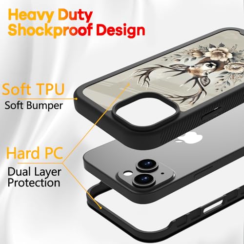 Compatible with iPhone 14 / iPhone 13 Case – Rugged Full-Body Protective Cover for Women Men Dual Layer Shockproof Bumper, Heavy-Duty Phone Case - Deer Flower 101 - color: Deer Flower 101