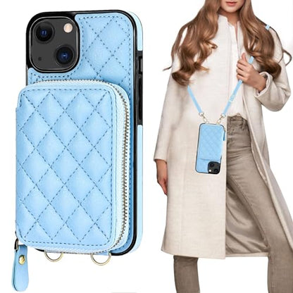 Bocasal Crossbody Wallet Case Card Holder for iPhone 13, Light Blue | RFID Blocking PU Leather Zipper Handbag Purse, Kickstand Flip Folio Case with Card Slots Holder Wrist Strap Lanyard 6.1 Inch - color: Blue