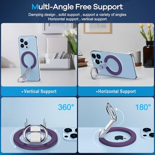 Purple Phone Ring Holder Case Compatible Magnetic Grip Rotation iPhone 17 16 15 14 13 12 11 Samsung Galaxy S24 Anti-Drop Kickstand Adjustable Finger Loop Wireless Charging Foldable Lightweight - color: Purple Metal Holder