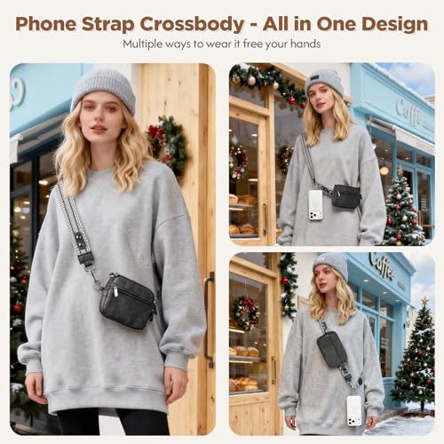 Tiostep Clip and Go Strap for Phone with Wallet Crossbody Phone Lanyard Adjustable and Anti-Theft Leather Purse with RFID Zipper Pouch for Travel Daily Life. Black Medium - color: Black