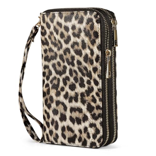 RFID Blocking Cellphone Wallet for Women with Removable Strap, Double Zipper Wristlet Bag Large Capacity, Passport Travel Clutch Purse, Leopard - color: Leopard Light Brown