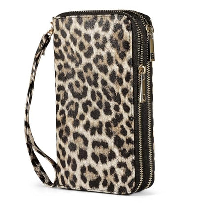 RFID Blocking Cellphone Wallet for Women with Removable Strap, Double Zipper Wristlet Bag Large Capacity, Passport Travel Clutch Purse, Leopard - color: Leopard Light Brown