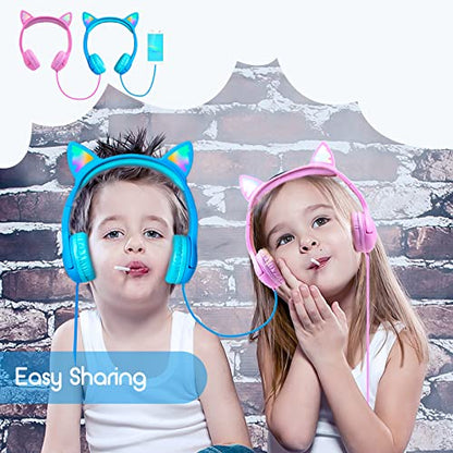 Olyre Kids Wired Headphones LED Light-Up Cat Ears Headset, Dual Audio Jack - color: Blue
