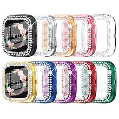 CHANCHY 10 Pack Compatible with Fitbit Versa 2 Screen Protector Case, Soft TPU Full Protective Case Cover Bumper Bling Crystal Diamond Frame for Fitbit Versa 2 Smart Watch, 10 Packs - color: Clear/Rose Gold/Pink/Silver/Black/Gold/Purple/Blue/Green/Red, si