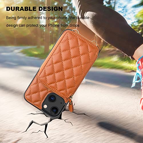 Bocasal Crossbody Wallet Case Card Holder for iPhone 13, Brown | RFID Blocking PU Leather Zipper Handbag Purse, Kickstand Flip Folio Case with Card Slots Holder Wrist Strap Lanyard 6.1 Inch - color: Brown