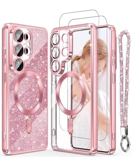Plated Gold Edge Magnetic Case for Samsung Galaxy S26 Ultra-Pink | Slim Soft Crystal Clear TPU Phone Cover With [Screen Protector&Camera Lens Protector][Glitter Card&Wrist Strap] for S26 Ultra - color: Electroplating Clear TPU-Pink