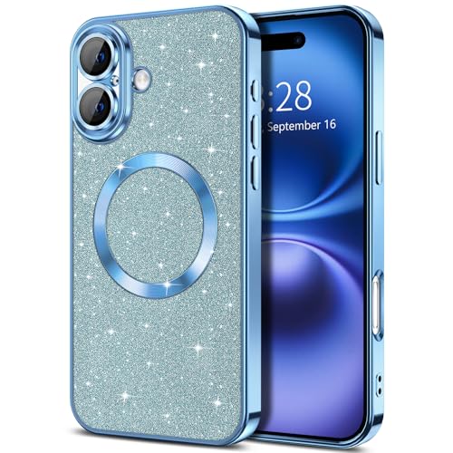 Hython for iPhone 16 Case Glitter, Clear Magnetic Phone Case with Camera Lens Protector [Compatible with MagSafe] Bling Sparkle Plating Soft TPU Shockproof Protective Cover Women Girls, Light Blue - color: Light Blue, size: Iphone 16 - 6.1 Inch