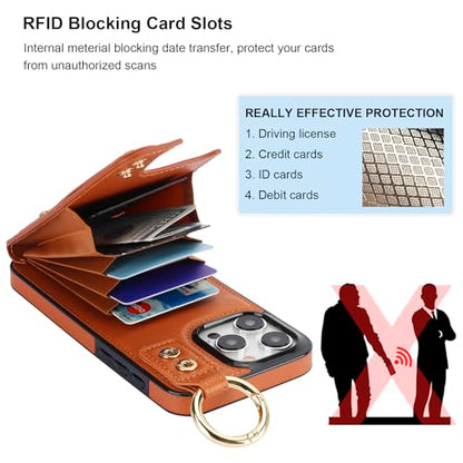 Folosu for iPhone 15 Pro Max Wallet Case with Card Holder, Hand Wrist Strap Loop Holder Kickstand, RFID Blocking Finger Grip Ring PU Leather Double Buttons Shockproof Cover 6.7" Brown - color: Brown