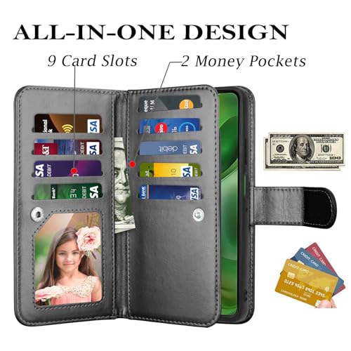 for Motorola Moto G Power 5G 2025 Case, for Moto G Power 2025 Wallet Case, PU Leather Credit Card Holder [9 Card Slots] Folio Flip Detachable Magnetic Cover Kickstand & Lanyard, Black - color: Black