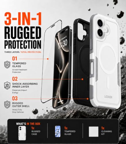 LOOXER® Heavy Duty Rugged Magnetic Case for iPhone 17 (6.3”) | Military Grade Shockproof Protection,MagSafe Compatible+ Tempered Glass Included (White, 17) - color: White, size: 17