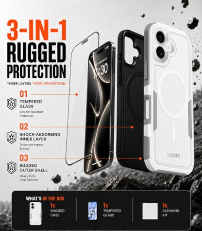 LOOXER® Heavy Duty Rugged Magnetic Case for iPhone 17 (6.3”) | Military Grade Shockproof Protection,MagSafe Compatible+ Tempered Glass Included (White, 17) - color: White, size: 17