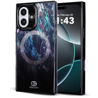 COCOMII Rectangle for iPhone 16 Case, Black Real Mother of Pearl | Compatible with MagSafe Wireless Charging, Shockproof 10ft Drop Protection, Camera & Screen Protection, Premium Glossy Finish - color: Black Real Mother of Pearl, size: iPhone 16 (6.1")