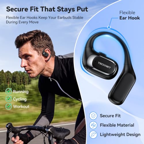 TECKNET Open Ear Headphones, Wireless Earbuds with Ear Hooks, Black - color: Black