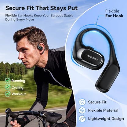 TECKNET Open Ear Headphones, Wireless Earbuds with Ear Hooks, Black - color: Black