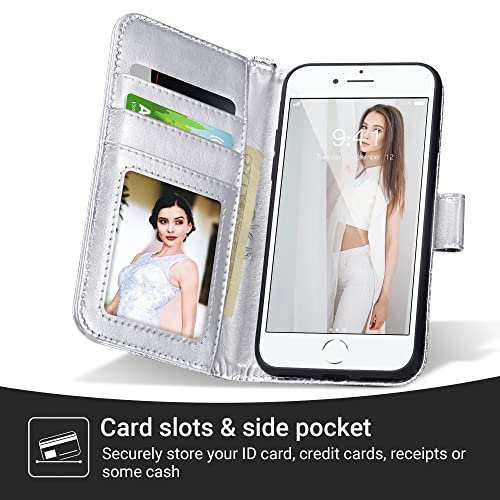 ULAK for iPhone SE 3(2022)/SE(2020)/8/7 Wallet Case Card Holder, Silver | Premium PU Leather Flip Case with Kickstand Card Slots,RFID Blocking,Wrist Strap, Durable Shockproof Cover 4.7 Inch - color: Silver