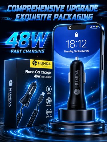 HUNDA Fast Car Charger 48W, Dual Port Super Fast Charging with PD3.0 & QC4.0, Car Accessories with Built-in 5ft Coiled Lightning Cable for iPhone 15-11 Series, iPad & More