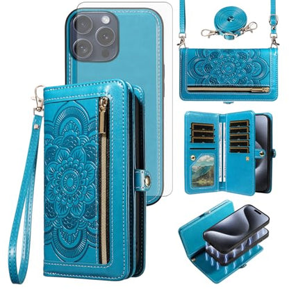 Asuwish Phone Case for iPhone 15 Pro 6.1 inch Zipper Wallet Magnetic Detachable Cell Cover with Tempered Glass Screen Protector Crossbody Strap Flower Credit Card Holder i Phone15 i15 15Pro Women Blue - color: Blue