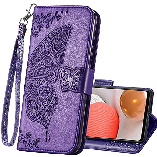 Wallet Case for Samsung Galaxy A03s with Card Holder Purple | PU Leather Flip Phone Cover,Wrist Strap,Woman Man Purse,Emboss Butterfly,Stand,Shockproof TPU,Magnetic Closure - color: B Purple