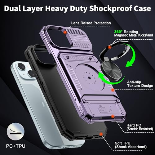 Vofolen for iPhone 15 Wallet Case with Card Holder [Store 2 Cards] Purple | 360°Magnetic Rotated Ring Stand Dual Layer Heavy Duty Shockproof Drop Protection Wallet Phone Case for iPhone 15-6.1'' Purple - color: Purple