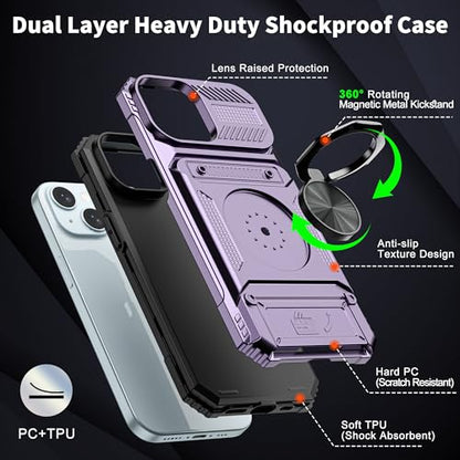 Vofolen for iPhone 15 Wallet Case with Card Holder [Store 2 Cards] Purple | 360°Magnetic Rotated Ring Stand Dual Layer Heavy Duty Shockproof Drop Protection Wallet Phone Case for iPhone 15-6.1'' Purple - color: Purple