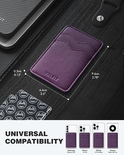 VULKIT Stick on Card Holder Compatible for iphone Leather Cell Phone Wallet Credit Card Case Strong Sticker for Women - color: Purple