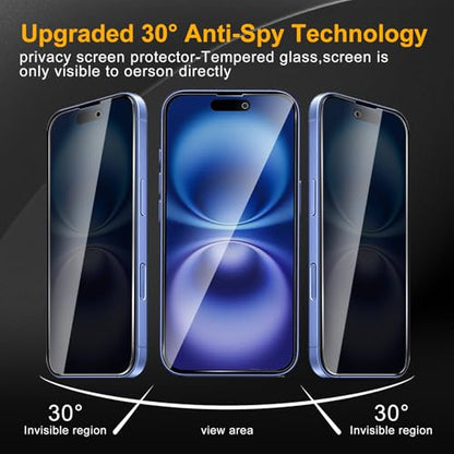 3 Pack Privacy Screen Protector for iPhone 16 / iPhone 15 / iPhone 15 Pro, Anti Spy Tempered Glass 9H Hardness, Black Protector Anti Spy, Bubble Free, Anti-Scratch - size: iPhone 16/15/15 pro FK3