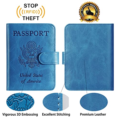 Passport Holder Cover Wallet RFID Blocking, Travel Essentials | Leather Card Case, Travel Accessories for Women Men, Blue - color: Blue