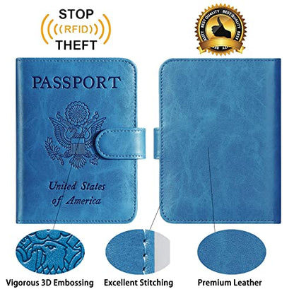 Passport Holder Cover Wallet RFID Blocking, Travel Essentials | Leather Card Case, Travel Accessories for Women Men, Blue - color: Blue