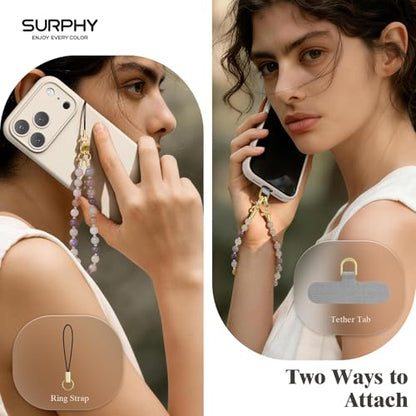 SURPHY Natural Stone Phone Charm, Beaded Phone Wrist Strap with Tether Tab - color: A- Mauve Haze Quartzite