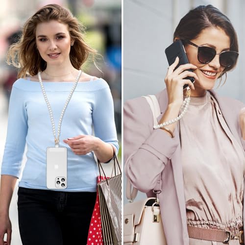 MoKo Pearl Phone Crossbody Chain Lanyard with Wrist Strap and 2 Patches - color: Pearl White