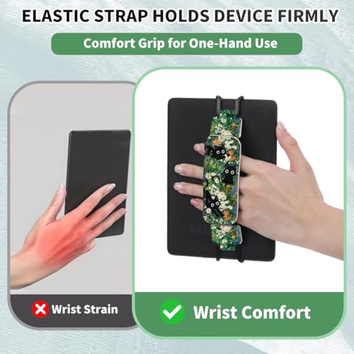 Secure Hand Strap for 6-7.5" Kindle and Tablets, Versatile Lightweight Faux Leather E-Book Grip Holder, Heavy-Duty E-Book Accessories for Reading Lover Gift (Cat and Flowers) - color: Cat and Flowers