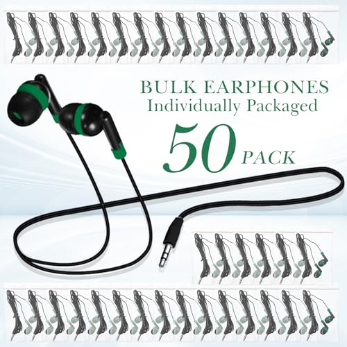 Kanayu 100 Pack Wired Earbuds Bulk for Classroom, No Mic 3.5mm, Green - color: Green