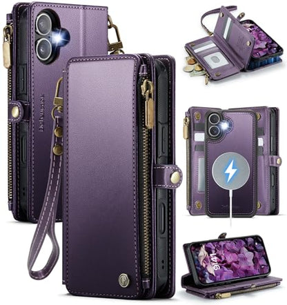 Defencase for iPhone 17 Phone Case Wallet Compatible with Magsafe, Purple | Magnetic Detachable, Drop-Proof Protective Wallet Cases Cover, with RFID Bolcking Card Holder, Zipper Strap, Soft PU Leather - color: (Detachable with Magsafe)-Purple