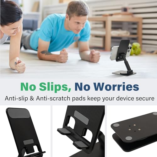 SenseAGE Rotatable Cell Phone Stand, Adjustable Folding Cell Phone Stand for Desk, Home Office Mobile Stand, Desktop Phone Holder, Compatible with iPhone&Smart Phones Accessories (Black)