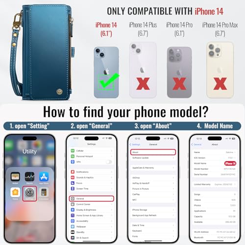 Defencase for iPhone 14 Wallet Case with RFID Blocking Card Holder, Blue | Durable Soft PU Leather, with Zipper Pocket, Wrist Strap, Fashion Snap Flip Phone Cases Cover with Stand for Women and Men - color: Dark Blue