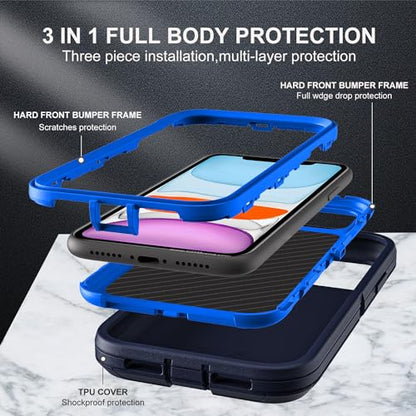 YKHJKLEC for iPhone 11 Case, Military Grade 3 in 1 Heavy Duty Shockproof/Drop Proof/Dust Proof Case with 2Pcs Tempered Glass Screen Protector (Navy Blue) - color: Navy Blue