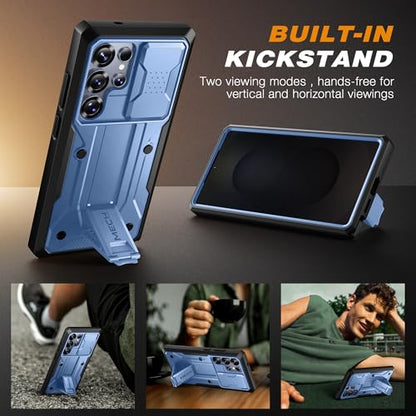 TONGATE for Samsung Galaxy S24 Ultra Case, 2 Front Frames & Stand, Blue | Built-in Slide Camera Cover & Screen Protector, Military Grade Shockproof S24 Ultra Phone Case with Kickstand & Belt-Clip - color: Blue