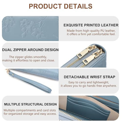 yiijay Womens Wallet RFID Blocking Large Capacity Vegan Leather Double Zip Wristlet Wallet Card Holder Travel Ladies Clutch - color: Blue