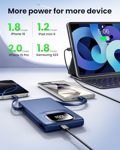 Portable Charger with Built-in Cables,22.5W Super Fast Charging Power Bank Slim Phone Charger,10000mAh Travel Battery Pack Battery Bank with Smart LED Display for iPhone, Android & USB-C - color: Blue
