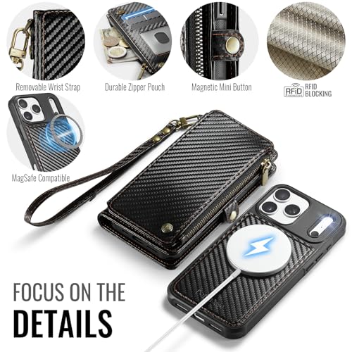 Defencase for iPhone 17 Pro Max Case Wallet Compatible with Magsafe, C-Black - color: (Detachable with Magsafe)-Carbon Fiber Black