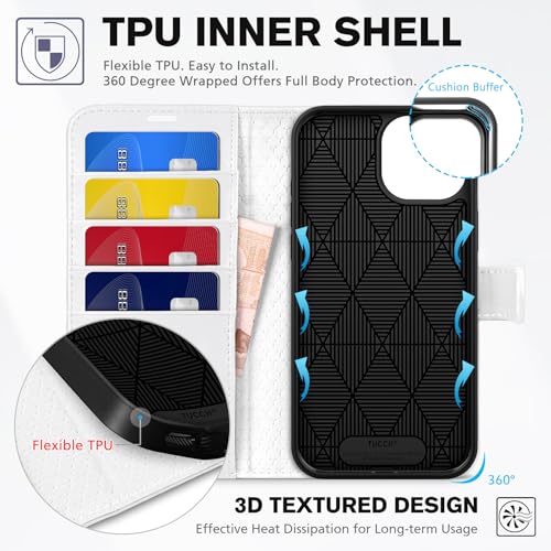 TUCCH Case Wallet for iPhone 15 (6.1") 2023, RFID Blocking Folio, White | 4 Card Holders, Kickstand, PU Leather, Magnetic Closure, Shockproof TPU Shell, Protective Flip Cover - color: White