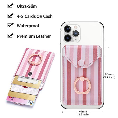 Self Adhesive Phone Card Wallet with Ring Stand Flip Cover, Pink Striped - color: Pink Striped