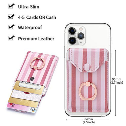 Self Adhesive Phone Card Wallet with Ring Stand Flip Cover, Pink Striped - color: Pink Striped