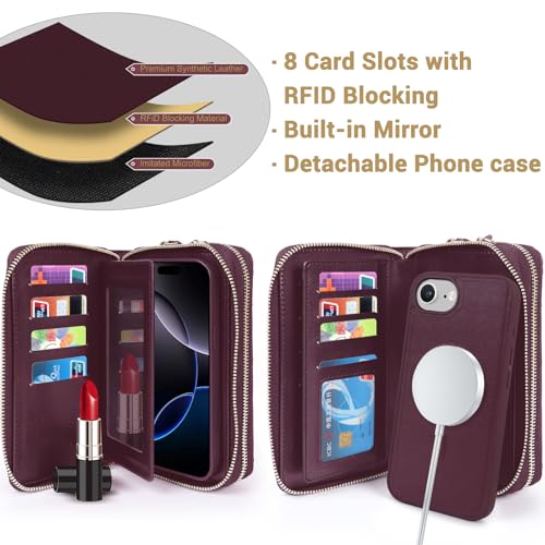 Harryshell Compatible with iPhone 16e 17e Case Wallet Multi Zipper Detachable Removable Cover with RFID Blocking Card Slots Holder Mirror Crossbody Strap (Compatible with Magsafe - Quilted Burgundy) - color: Compatible with Magsafe - Quilted Burgundy, siz