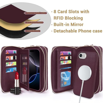 Harryshell Compatible with iPhone 16e 17e Case Wallet Multi Zipper Detachable Removable Cover with RFID Blocking Card Slots Holder Mirror Crossbody Strap (Compatible with Magsafe - Quilted Burgundy) - color: Compatible with Magsafe - Quilted Burgundy, siz